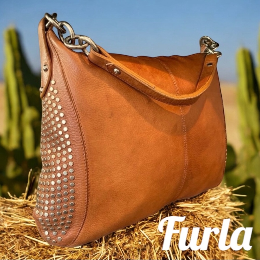 Furla Fantasia Camel Pebbled Leather Silver Tone Studded Shoulder Hobo 15”x 10”